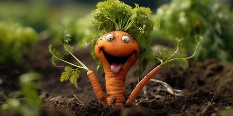 Smilling, laughing fresh carrot in the garden, funny gardening concept - obrazy, fototapety, plakaty