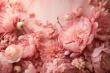 Intricately designed peonies against a blush pink canvas, composing a mesmerizing floral setting, leaving room for text insertion.