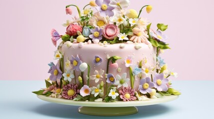  a close up of a cake on a plate with flowers on the top of the cake and on the bottom of the cake.
