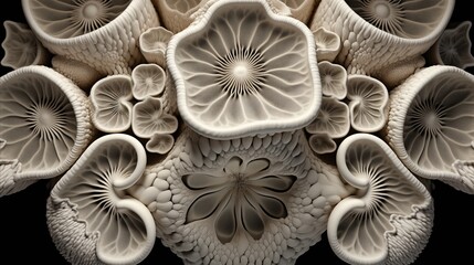 Abstract cymatic formations on black background. Experimental cymatics biomorphic shapes.  - obrazy, fototapety, plakaty