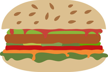 Cheeseburger with tomato, cucumber and bun with sesame seeds, flat illustration