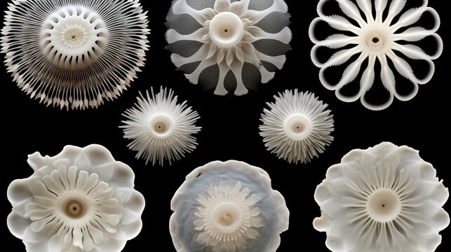 Abstract cymatic formations on black background. Experimental cymatics biomorphic shapes. 
