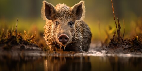 Portrait of wild boar in the nature, wildlife animal concept