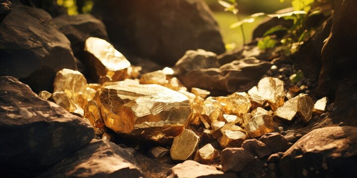 Raw gold pieces in the nature, an yellow precious metal, mineral raw material concept