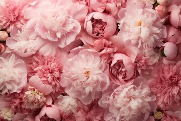 Lush peonies artfully arranged on a rosy canvas, crafting an enchanting frame with an abstract natural layout for accompanying text.