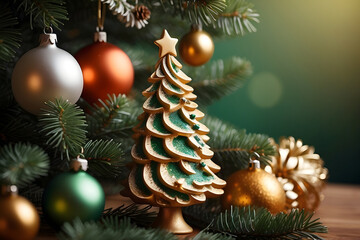 Christmas decoration on a green background. Christmas and New Year concept.