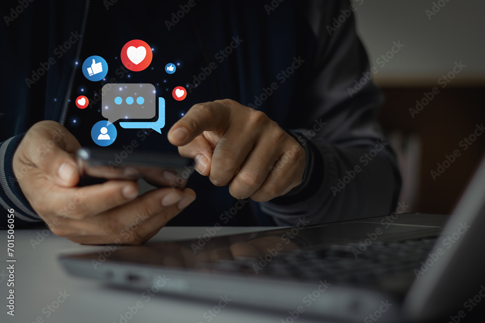 Poster man using social media marketing content on mobile phone with notification icons of like, message an
