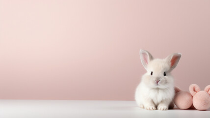 Fototapeta na wymiar Cute little white bunny sitting isolated on pastel background. Happy easter concept banner mockup with copy space