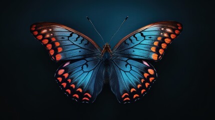  a close up of a butterfly with orange and blue spots on it's wings, on a black background. - obrazy, fototapety, plakaty