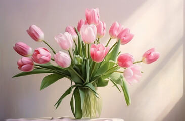 A vase of pink tulips, still life