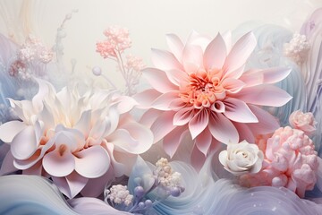 Pastel-hued 3D floral artistry with copy space amidst a crystalline background.