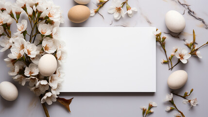 Naklejka na ściany i meble Flowers and eggs surrounded blank white card mockup. Flat lay easter composition on white background. Happy Easter mockup concept
