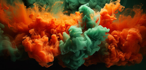 Radiant explosions of jade and tangerine smoke erupting in a vivid and mesmerizing display against a contrasting background.