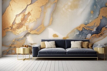 Embellished with golden elegance, a resin geode showcases an abstract marble wallpaper, a chic and luxurious option for exquisite wall decor. - obrazy, fototapety, plakaty