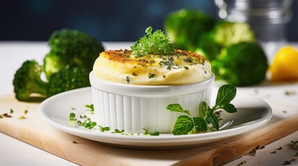  a plate of food on a table with broccoli and lemon wedges on the side of the plate.