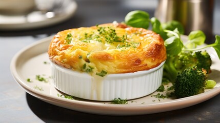  a close up of a pie on a plate with broccoli and a cup of tea in the background.