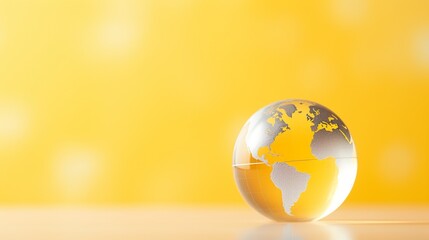 A glase globe with yellow background, blur effect, space for text - Generative AI