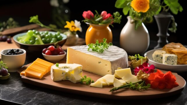  a variety of cheeses on a cutting board with flowers in vases and bowls of fruit in the background.