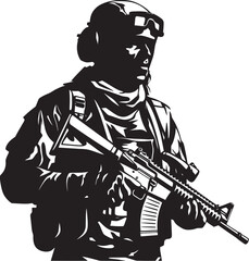 Soldier with Gun Vector Emblematic Combat Arsenal Icon Black Logo