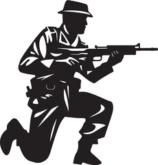 Fototapeta premium Combat Gunner Troop Vector Logo Icon Gun Wielding Soldier Black Emblem