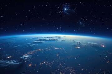 View of stars above planet from space. Beautiful space view.