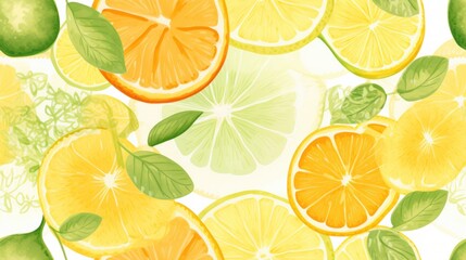  a close up of a bunch of oranges and lemons on a white background with green leaves and flowers.