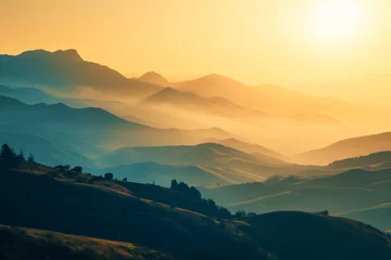 Foto auf Acrylglas Sunrise above the misty mountains landscape in gold and dark cyan © Maxim