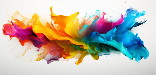 Spiraling bursts of abstract colored powder and radiant colorful paint splashes, forming dynamic design elements against a blank, solid white surface.