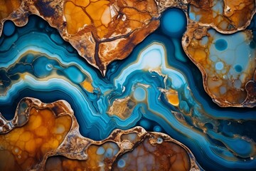 Glistening azure and amber liquid marble blossoms weaving through a copper-toned resin geode tapestry. - obrazy, fototapety, plakaty