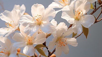  a bunch of white flowers with yellow stamens on a twig with a blue sky in the background.