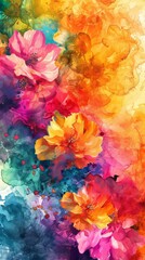 Watercolor floral pattern with a bright rainbow of colors. Bright and harmonious design