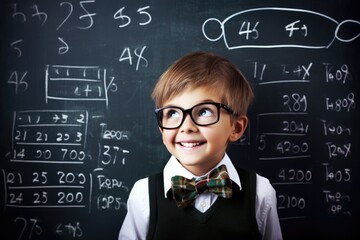 Smart kid doing complex math on black chalkboard