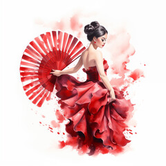 A spanish flamenco fan watercolor paint - obrazy, fototapety, plakaty