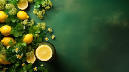  a bunch of lemons sitting on top of a table next to a bowl of broccoli and flowers. - obrazy, fototapety, plakaty