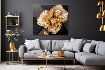 Glistening golden and deep onyx liquid marble fractal flowers blossoming atop a mesmerizing resin geode canvas.