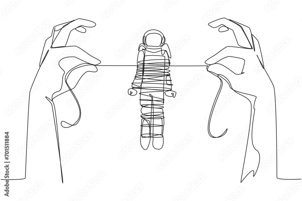 Poster continuous one line drawing astronaut standing and tied by a rope held by 2 giant hands. become a pr