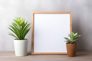 Wooden frame with white blank card mockup and green plant