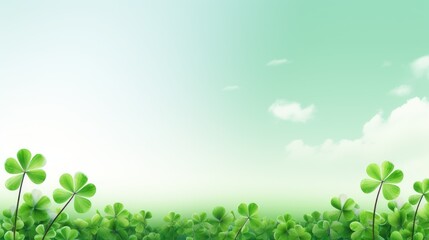  a group of four leaf clovers sitting on top of a lush green field with a blue sky in the background.