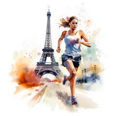 Athlete running in Paris watercolor paint