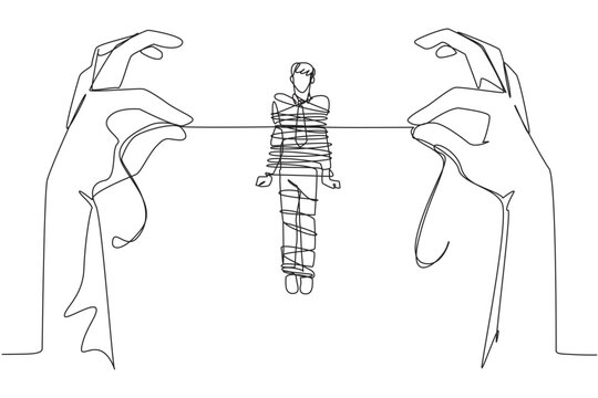 Single one line drawing businessman standing and tied by a rope held by 2 giant hands. Debt is increasing. No income. Business destroyed. Bankrupt. Failed. Continuous line design graphic illustration