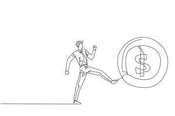 Single one line drawing businessman kicking a big coin with a dollar symbol. Throwing away an opportunity to get a chance. Indifferent to small profits. Continuous line design graphic illustration