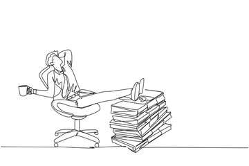 Single continuous line drawing businessman sitting relaxed in a work chair while holding mug. Foot resting on stacks of banknotes. Get lots of benefits. Profitable. One line design vector illustration