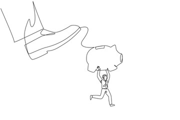 Continuous one line drawing businessman carrying piggy bank run away from giant foot. Saving asset. Save company's future. For a better life in retirement. Single line draw design vector illustration