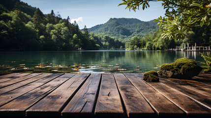 empty wooden at idyllic rainforest lake with product presentation space, beauty in nature concept with product display for travel, vacation, spa and environment - obrazy, fototapety, plakaty