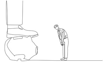 Single one line drawing businessman nodded in front of the giant foot that stepped on the piggy bank. Ideas. Nod in agreement. The importance of investment. Continuous line design graphic illustration