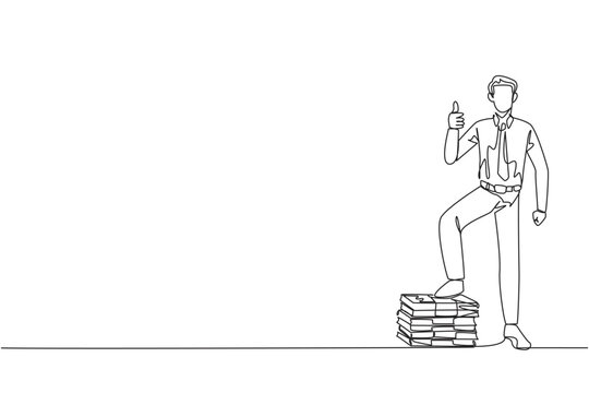 recommend clip art: Single one line drawing businessman stands with thumbs up pose and steps on stack of banknotes with one of foot. Amazing feeling. Always make a profit. Continuous line design graphic illustration
