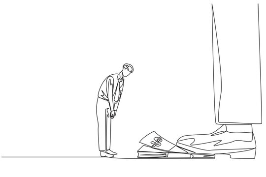 Single continuous line drawing businessman nodded in front of giant foot stepping on stack of banknotes. Request permission from investors to disburse reserve fund. One line design vector illustration
