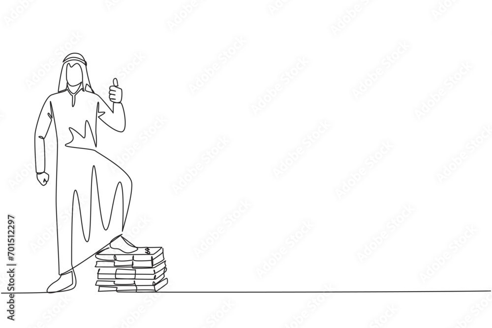 Poster single continuous line drawing arabian businessman stands with thumbs up pose and steps on stack of 