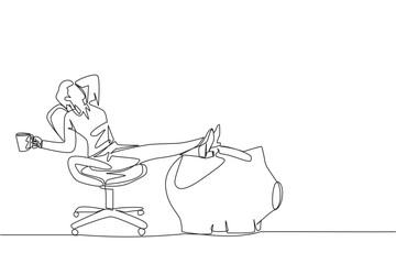 Continuous one line drawing businesswoman sitting relax in work chair holding mug. Foot resting on piggy bank. Fantasize about the importance of investing. Single line draw design vector illustration