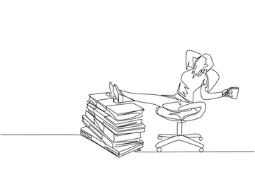 Single one line drawing businesswoman sitting relaxed in a work chair while holding mug. Foot resting on stacks of banknotes. Too many profit to be gained. Continuous line design graphic illustration